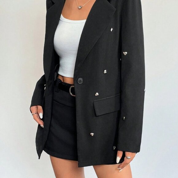 Black Elegant Women's Heart Decor Single Button Casual Long Sleeve Blazer - Picture 4 of 7